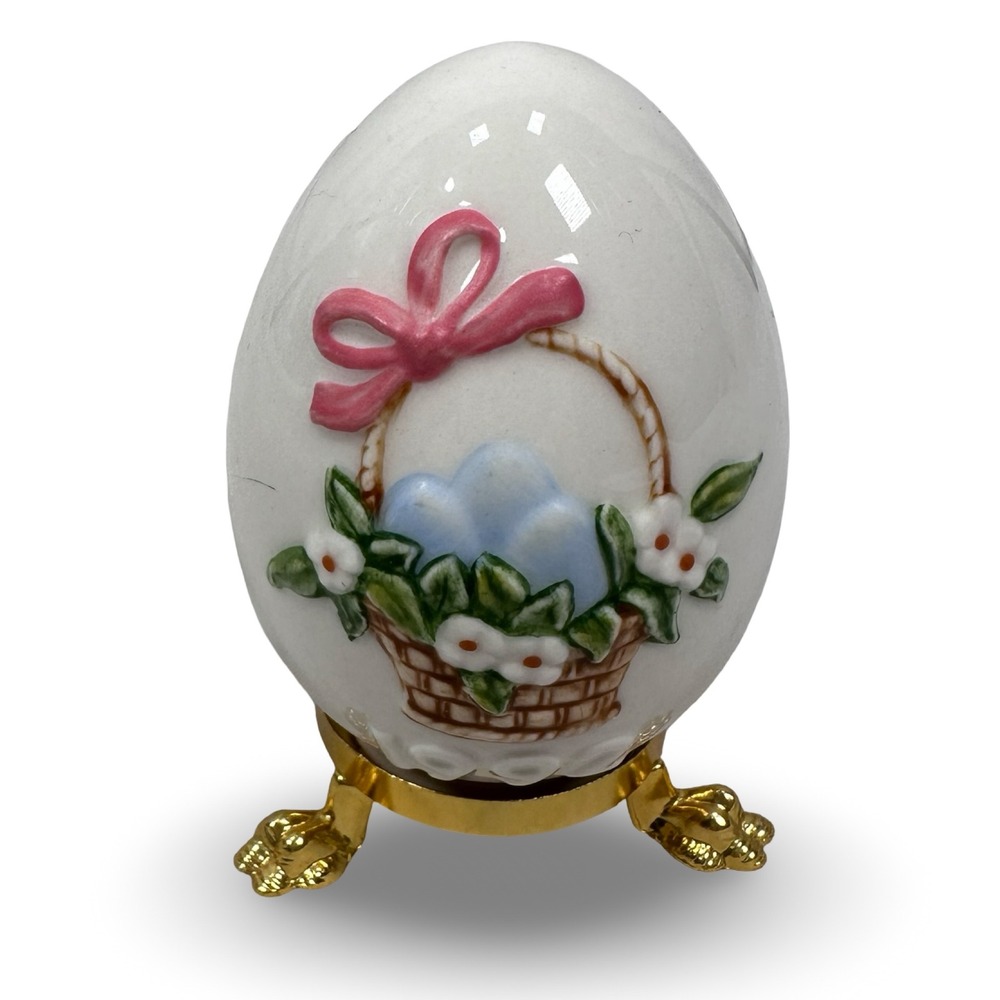 Goebel Germany 1992 Easter Egg Porcelain Figurine Basket with Stand 3 inch